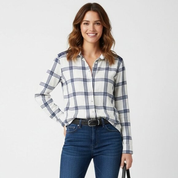 Anthropologie Sparrow Blue & White Plaid Button Up Long Sleeve Top S - Picture 1 of 6